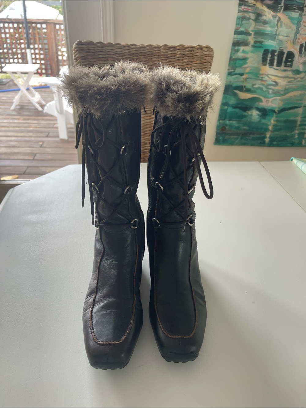 Ecco Dark Brown Lace-Up Faux Fur Top Winter Boots